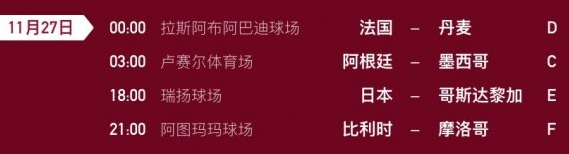 2022世界杯11.27赛程时间表 足球世界杯27日赛程表