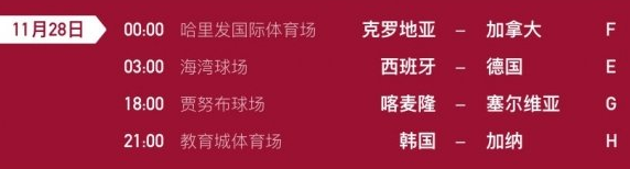 2022世界杯11.28赛程时间表 足球世界杯28日赛程表