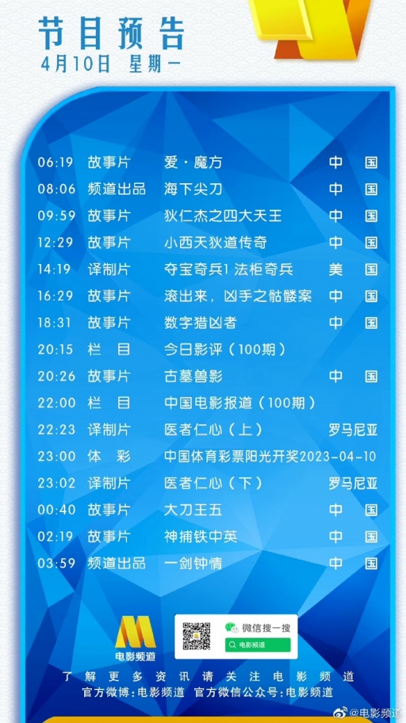 电影频道2023年4月11日节目表 cctv6电影频道今天播放的节目表