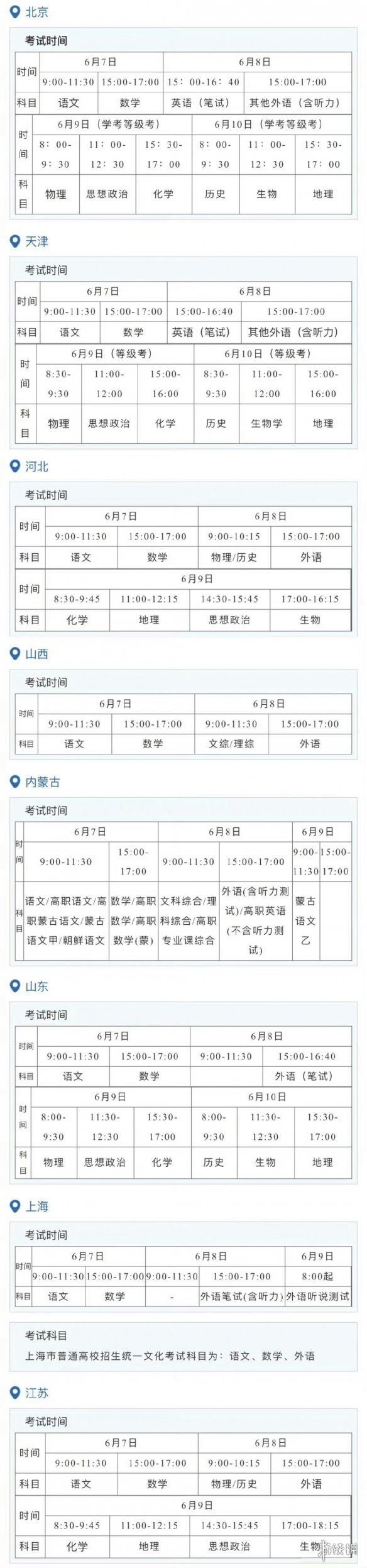 高考各科时间表 2023高考时间科目表