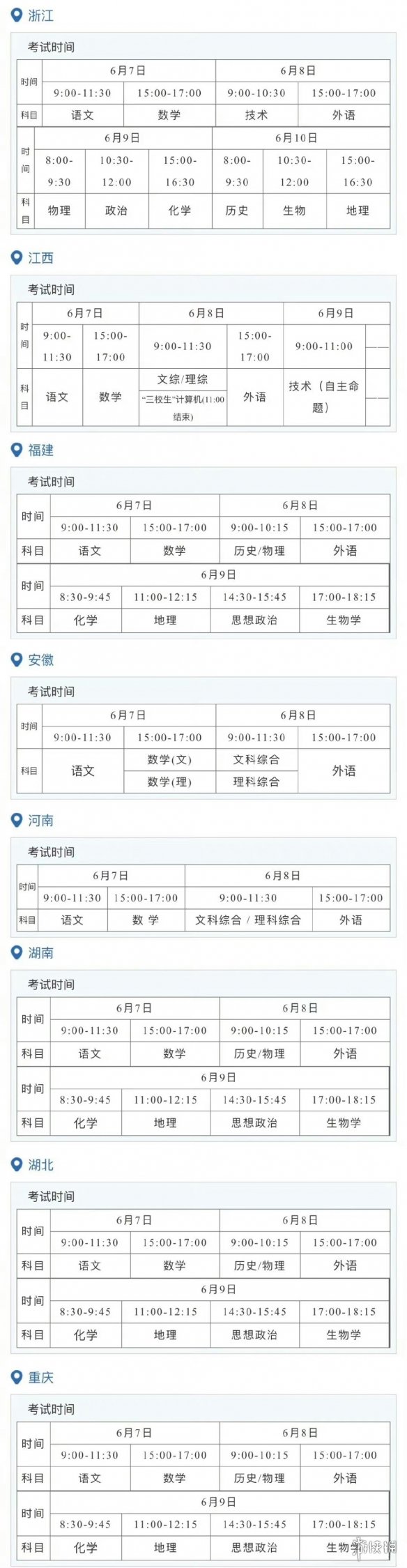 高考各科时间表 2023高考时间科目表