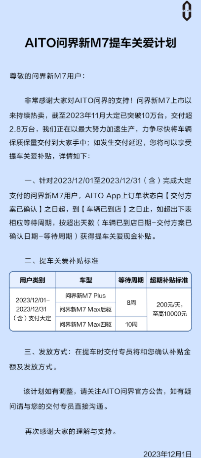 问界新M7 Plus与Max版交付延期，AITO提供高达1万元补贴