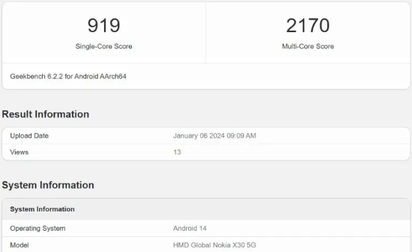 诺基亚X30 5G即将迎来安卓14更新，GeekBench跑分曝光